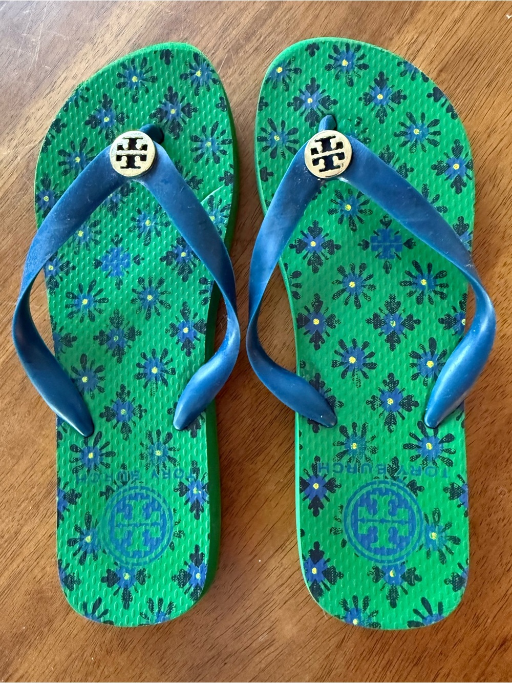 Tory Burch Green Floral Flip Flops with Navy Blue Strap